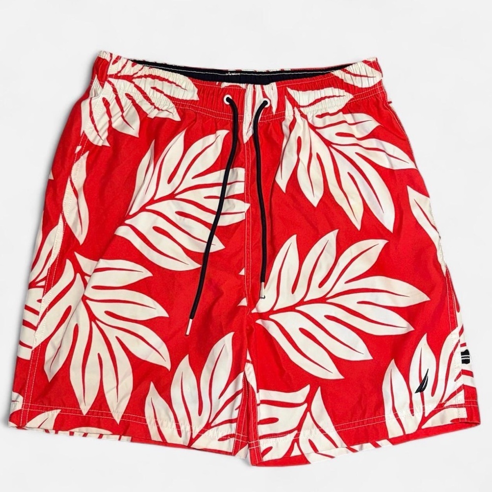 Nautica Red and White Leaf Print Swim Trunks
